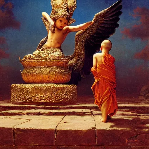 Prompt: highly detailed potrait of cunning buddhist monk kid worshipping giant crow as god praying in baroque style, painting by gaston bussiere, craig mullins, j. c. leyendecker, lights, art by ernst haeckel, john william godward, hammershøi,