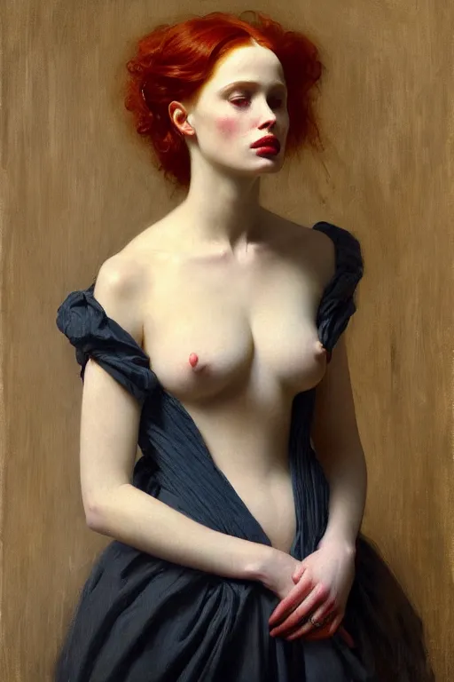 Prompt: portrait en buste Madelaine Petsch in period dress by Roberto Ferri, by Jeremy Lipking, Realism