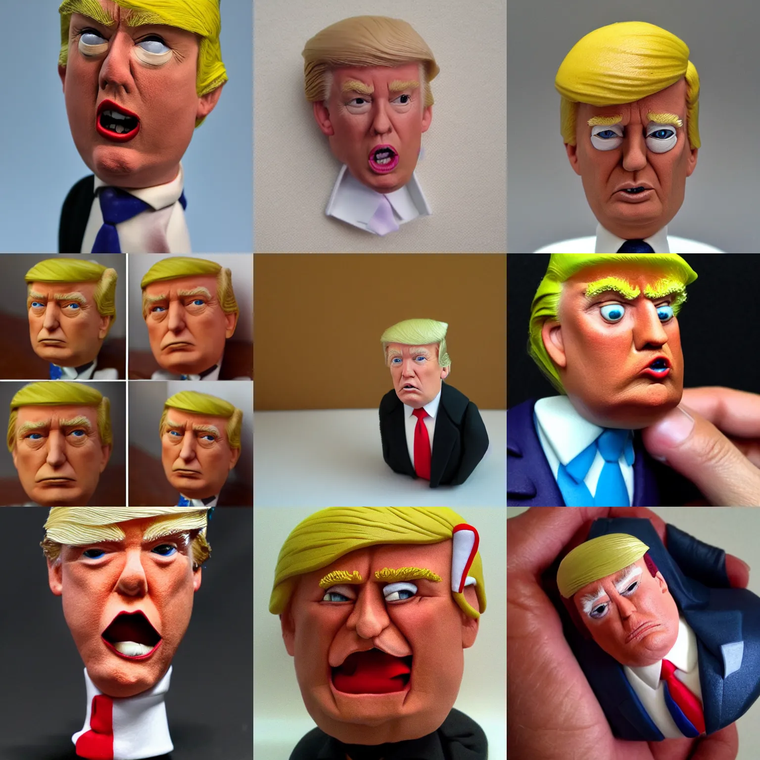 Prompt: close headshot donald trump , style: claymation puppet polymer clay