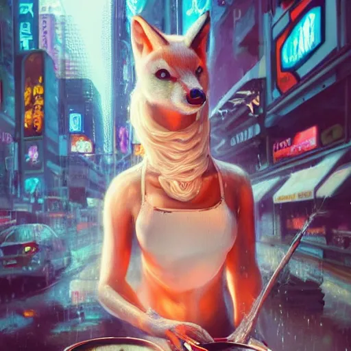 Prompt: white anthropomorphic female vulpes vulpes fulva, eating ramen from a bowl, in the rain by a noodle kiosk, in crowded and wet street of a city, cyberpunk, harsh neon lights, highly detailed, digital painting, trending on artstation, concept art, sharp focus, illustration, art by artgerm and greg rutkowski and magali villeneuve