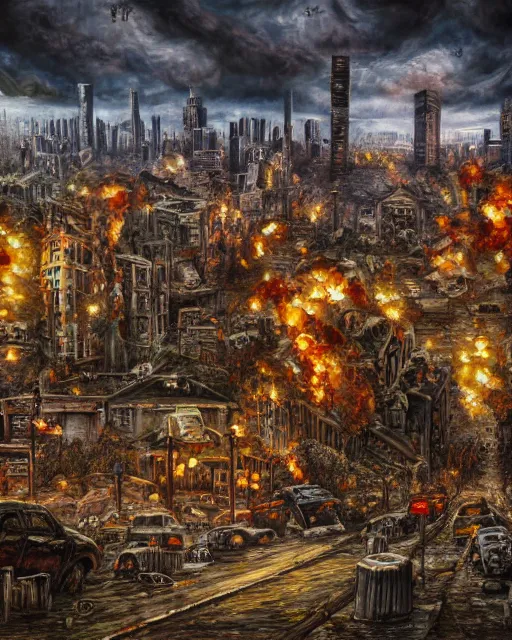 Prompt: oil painting landscape of a zombie apocalypse city, high production value, intricate details, high resolution, hdr, high definition, masterpiece, realistic, ultrarealistic, highly detailed, hd, sharp focus, non blurry, sharp, smooth