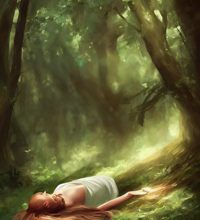 Image similar to girl lying in forest, art by charlie bowater