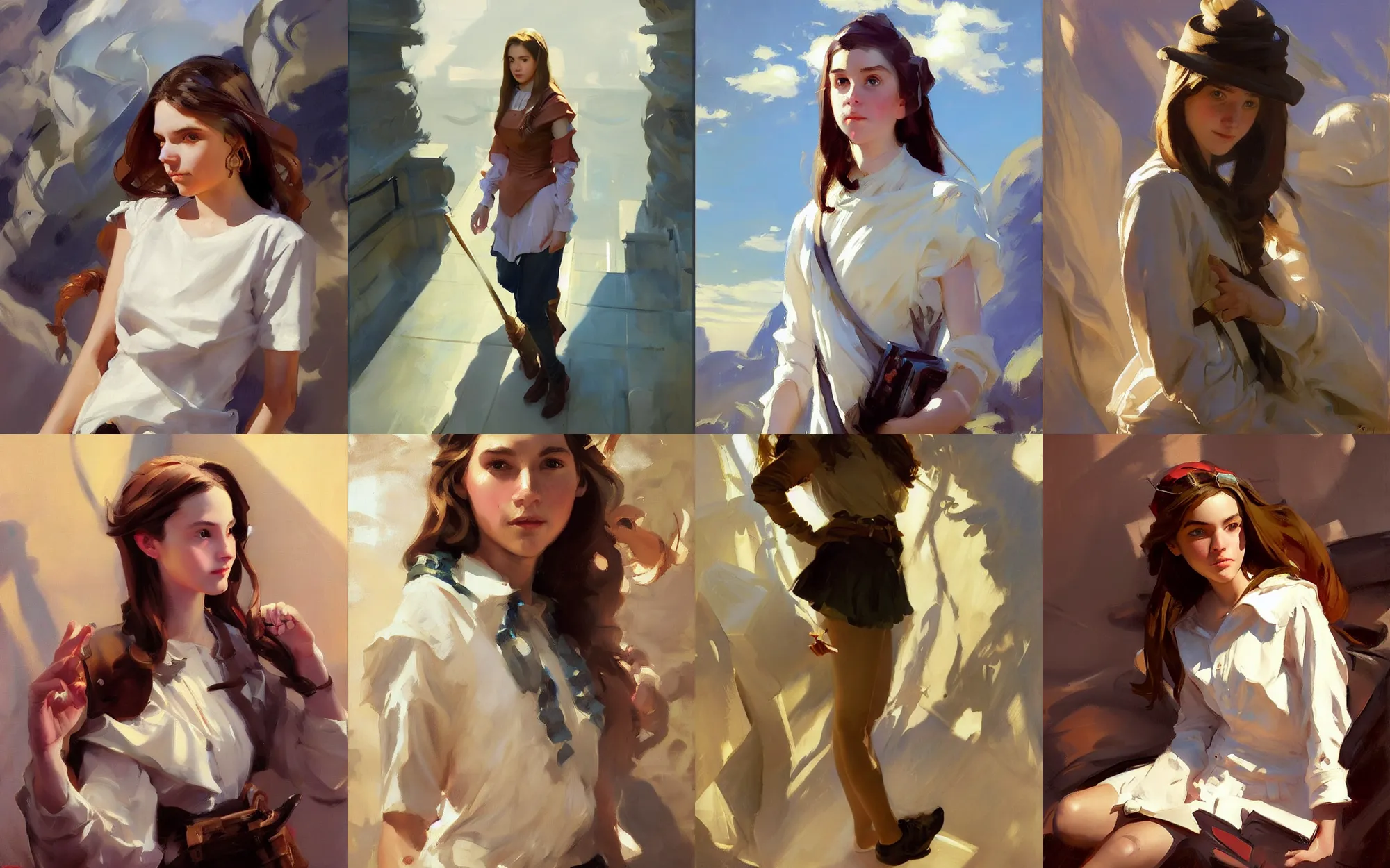 Prompt: portrait of teenage girl traveler greg manchess painting by by sargent and leyendecker, d & d, fantasy, medium shot, asymmetrical, intricate, elegant, matte painting, illustration, hearthstone, by greg rutkowski, by greg tocchini, by james gilleard, by joe fenton