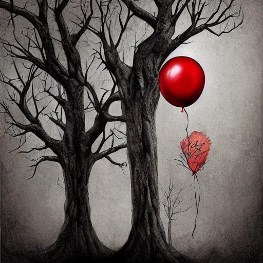 Image similar to surrealism grunge cartoon portrait sketch of a tree with a wide smile and a red balloon by - michael karcz, loony toons style, pennywise style, horror theme, detailed, elegant, intricate