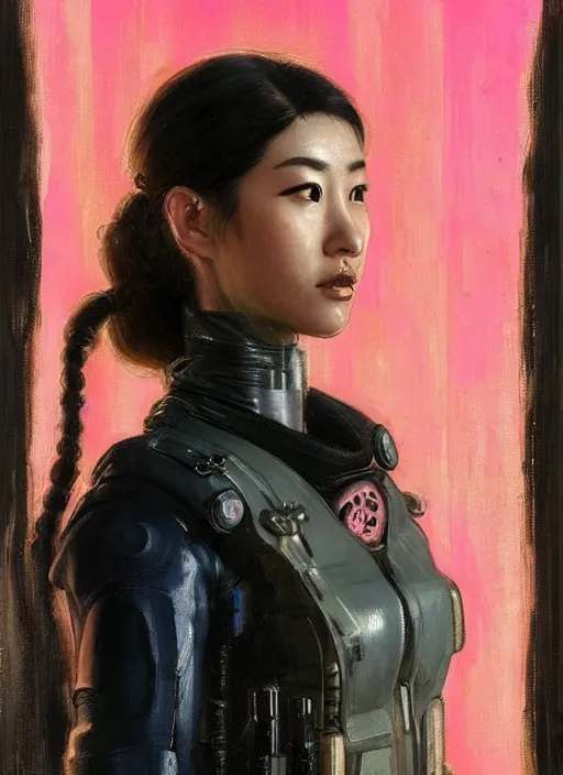 Image similar to Marie Cho. beautiful cyberpunk female USN marine wearing a military vest and a black and pink tactical catsuit (cyberpunk 2077, bladerunner 2049). gorgeous face. Iranian orientalist portrait by john william waterhouse and Edwin Longsden Long and Theodore Ralli and Nasreddine Dinet, oil on canvas. Cinematic, hyper realism, realistic proportions, dramatic lighting, high detail 4k