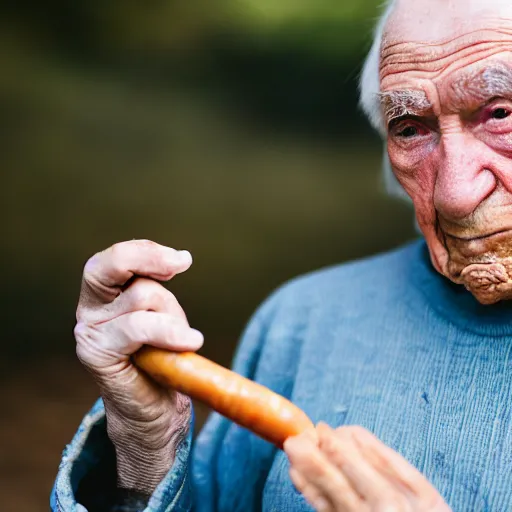 Image similar to An elderly man with a sausage for a nose, Canon EOS R3, f/1.4, ISO 200, 1/160s, 8K, RAW, unedited, symmetrical balance, in-frame