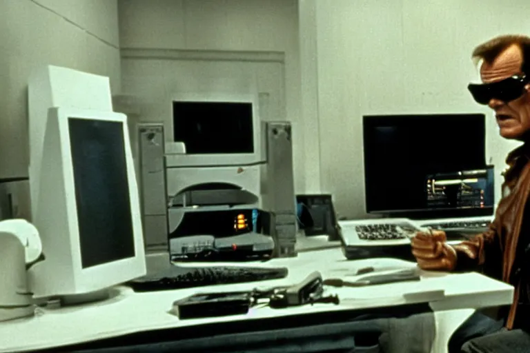 Prompt: Jack Nicholson plays Terminator, scene where he uses computer, still from the film