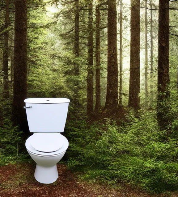 Image similar to a 4 k photorealistic photo of a toilet in a forest.