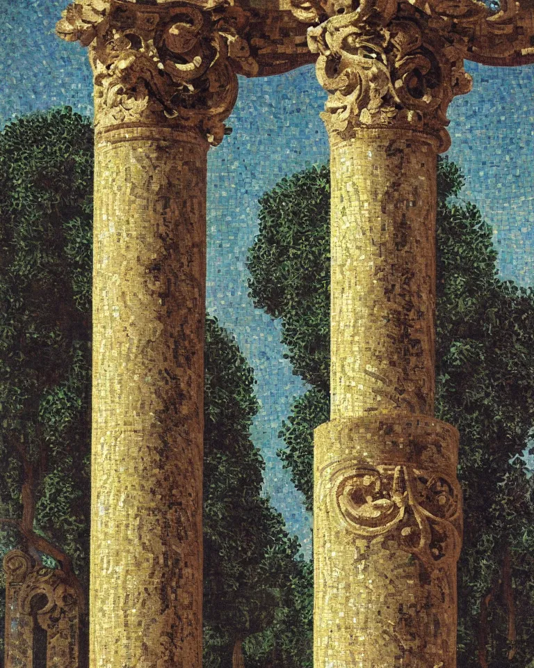 Prompt: achingly beautiful painting of intricate ancient roman corinthian capital on radiant mosaic background by rene magritte, monet, and turner. giovanni battista piranesi.