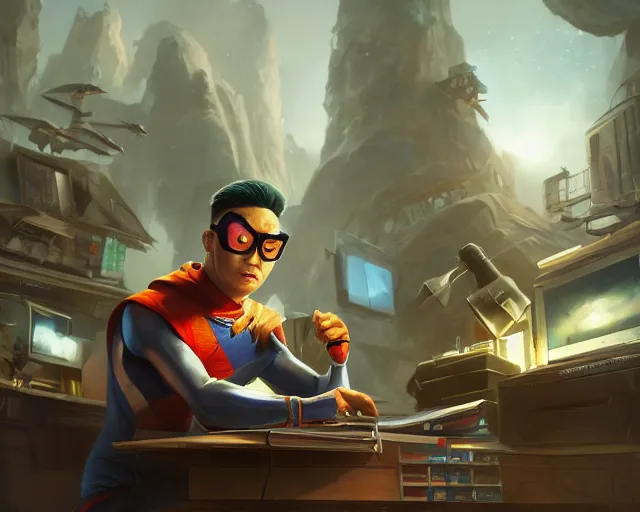 Image similar to an insanely detailed painting of a nerdy asian man wearing a superhero costume, sitting at a desk, staring at the nervously at the computer and typing, in the style of peter mohrbacher, dramatic lighting and composition, octane render, pixar, trending on artstation, concept art, comic book, view from behind