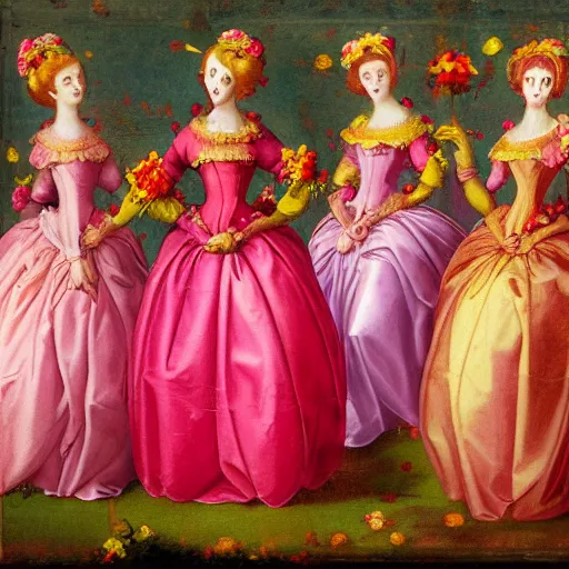 Prompt: group of skinny ladies wearing renaissance neon color dresses, pink and gold flowers super bright light in the style of translucent glassy painting, rococo, manga