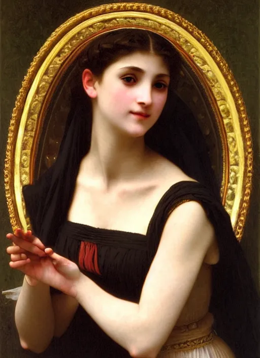 Image similar to portrait of young woman in renaissance dress and renaissance headdress, art by william - adolphe bouguereau