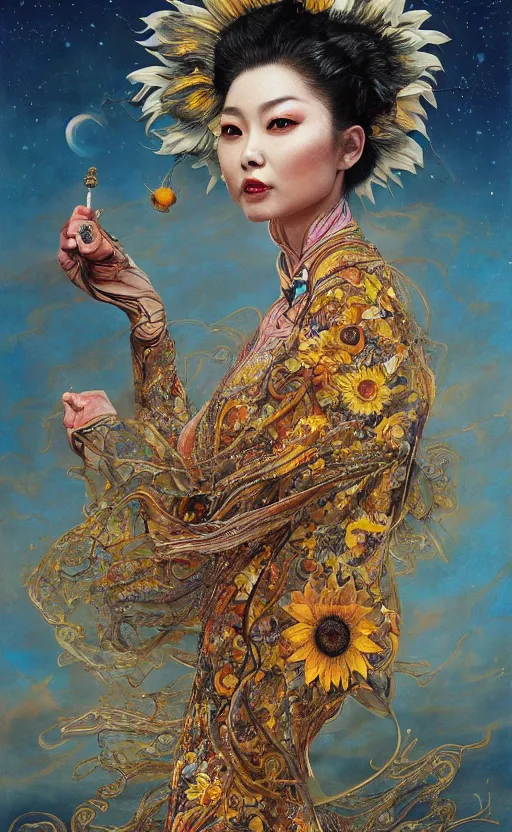 Image similar to a china cat sunflower walking proudly jingling in the midnight sun with a bodhi that drips a silver kimono Like a crazy quilt star gown through a dream night wind, intricate and complexly detailed oil painting, by Karol Bak and Tony Diterlizzi, influenced by Artgerm, golden hour scene, multi-dimensional, 8k, octane rendering,