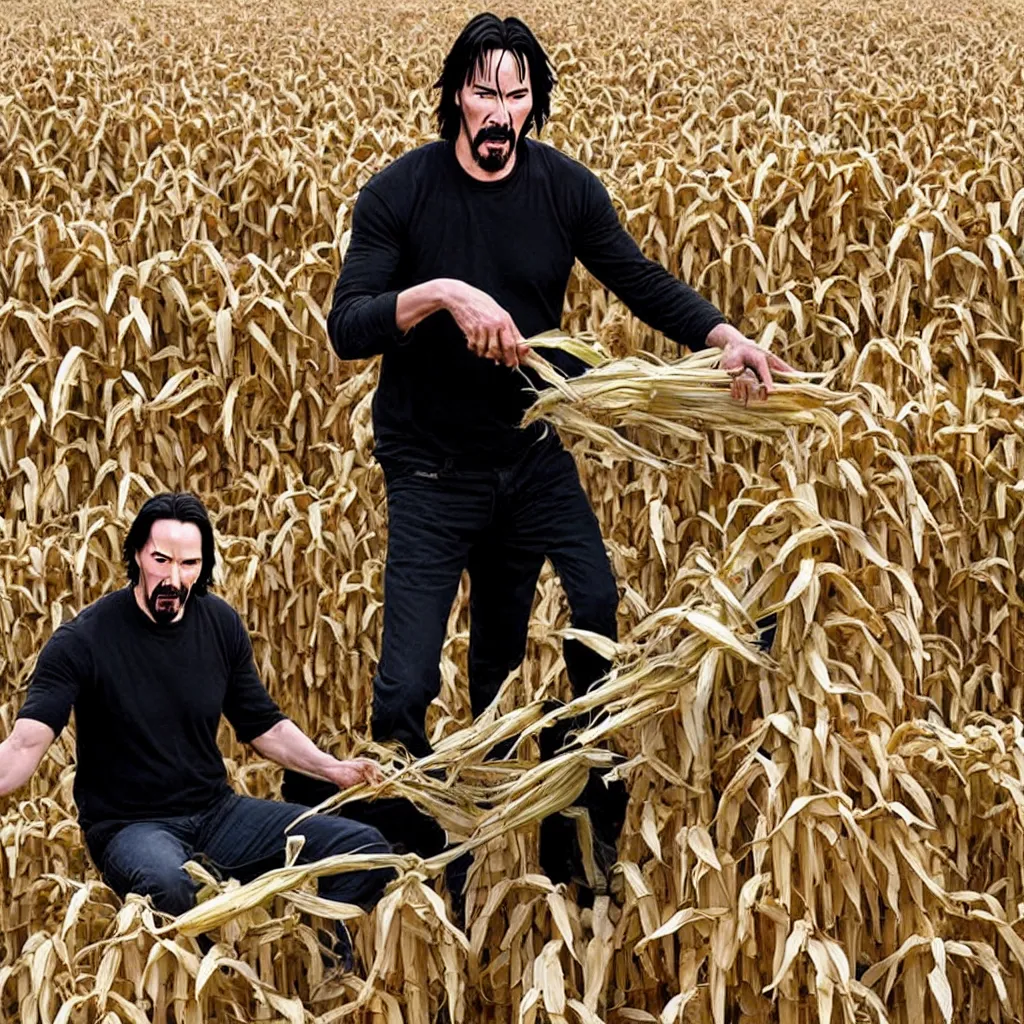 Prompt: scariest image ever seen. disturbing horrifying. keanu reeves harvesting corn