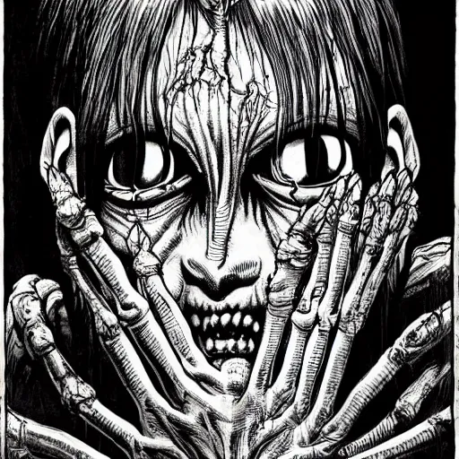 Prompt: dragon man, Junji Ito, creepy, horrifying, gruesome