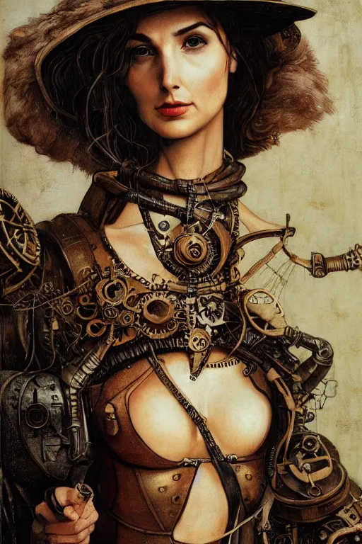 Image similar to highly detailed steampunk gal gadot, hieronymus bosch, leonardo da vinci