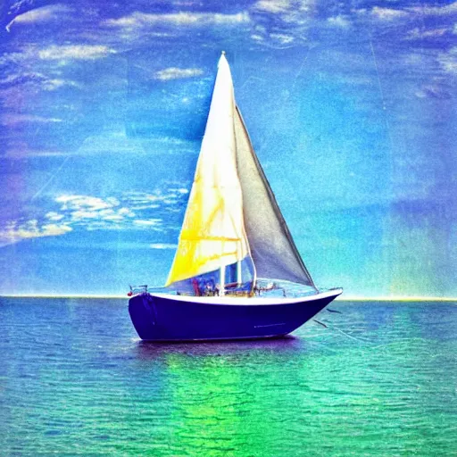 Image similar to colorful sailboat, photorealism, oversaturated blues, velvia film