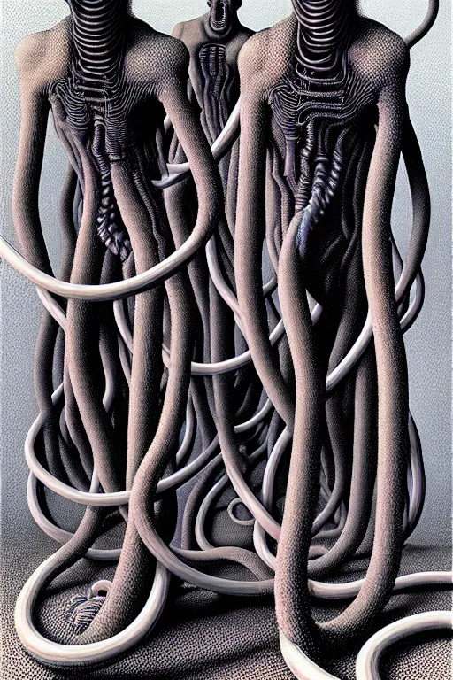 Image similar to thick tangled grey pipes and hoses which resemble human bodies by thomas ligotti and wayne barlowe