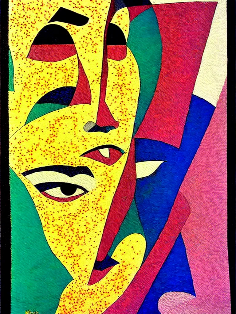 Image similar to pretty painting by kazimir malevitch suprematism moebius comics + beautiful realistic face in the middle, muted colors with glitter