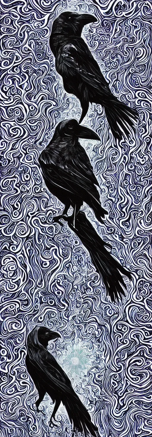 Prompt: psychedelic monochromatic artwork of a raven combined with a deer and an owl that is also a window into the ocean by didier comes