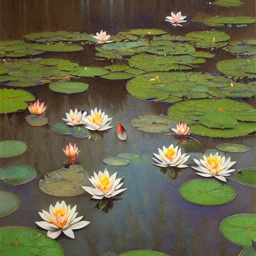 Image similar to Water Lillies in Pond, Watercolor, photorealistic, high resolution, award winning, trending on artstation, intricate, elegant, highly detailed, digital painting, artstation, concept art, smooth, sharp focus, illustration, art by artgerm and greg rutkowski and alphonse mucha