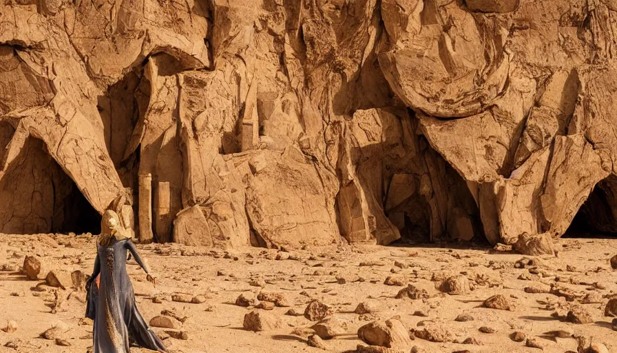 Image similar to levitating bene gesserit with full - face glowing golden mask in a dry rocky desert landscape, ultradetailed alien ruins designed by giger, giant abandoned alien city by alejandro jodorowsky, anamorphic lens, kodakchrome, practical effects, masterpiece, 8 k