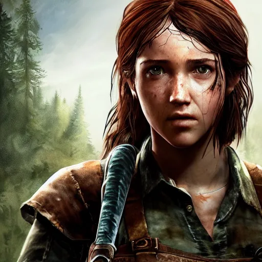 Image similar to Ellie from the last of us as a witcher, high quality 8k hd, oil on canvas, hyperralistic art