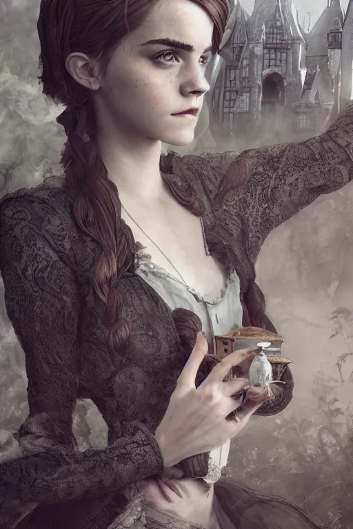 Image similar to a mix of of emma watson, anya taylor - joy and emma stone, evil sorceress witch, victorian manor house, hyperrealism, octane render, extremely detailed, intricate smoke magic, lace, style of mark ryden, earl nore, hyung tae, frank frazetta