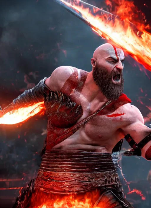 Prompt: red facial stripe armored screaming kratos rocking hard on a flaming stratocaster guitar, cinematic render, god of war 2 0 1 8, playstation studios official media, lightning, flames, clear, coherent, guitar, guitar, flames, guitar