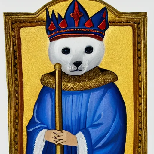 Prompt: oil painting of a baby harp seal dressed as a medieval king in golden medieval armor and wearing a golden crown, holding a royal scepter, in the style of a Byzantine painting