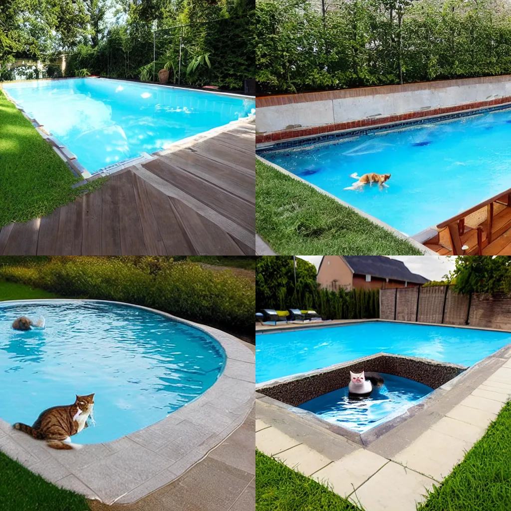 Prompt: an outdoor swimming pool in the shape of a cat, an outdoor swimming pool imitating a cat