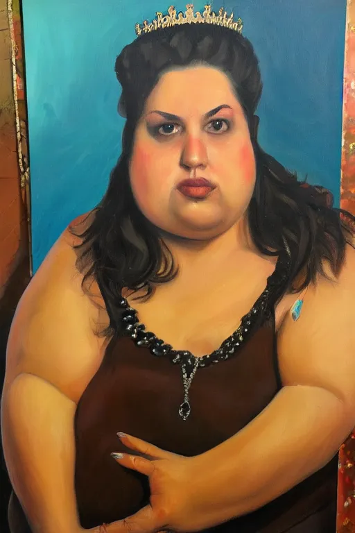 Image similar to an oil painting of the queen of Walmart, an obese woman, beautiful, fantasy, hyper realistic, dramatic lighting