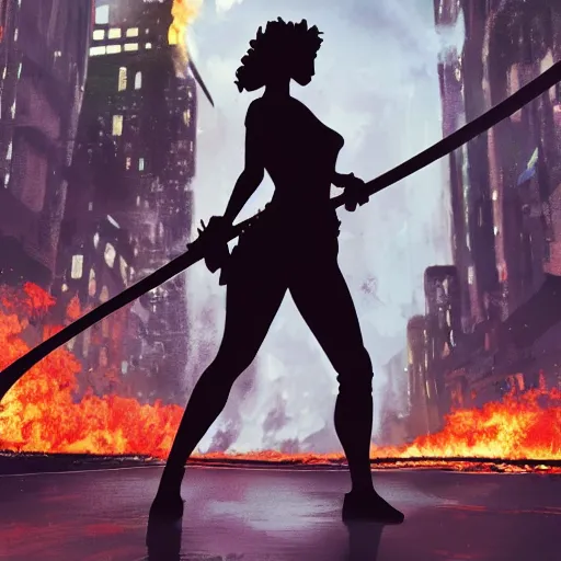 Image similar to A silhouette of a girl with a katana against the backdrop of a burning city, dramatic composition, trending on Artstation, 8K