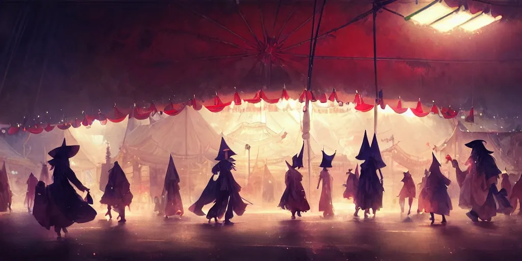 Image similar to close - up of student witches exploring and patrolling around a small carnival amusement, food stalls, big top circus tent, roaming entertainers, flashing lights, highly detailed, magical, japan mountains, digital painting, concept art, matte, art by ruan jia and wlop and greg rutkowski and makoto shinkai, masterpiece