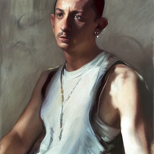 Prompt: portrait of chester bennington by john singer sargent, in a white tank top singing, high detail, photorealistic, movie still