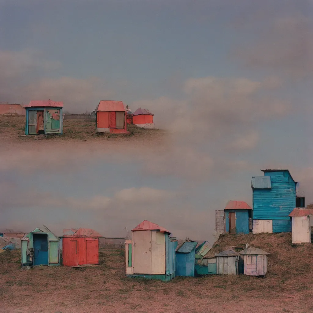 Image similar to two towers made up of colourful makeshift squatter shacks with faded colours, plain uniform sky at the back, soft focus, mamiya rb 6 7, f 1. 8, photographed by uta barth