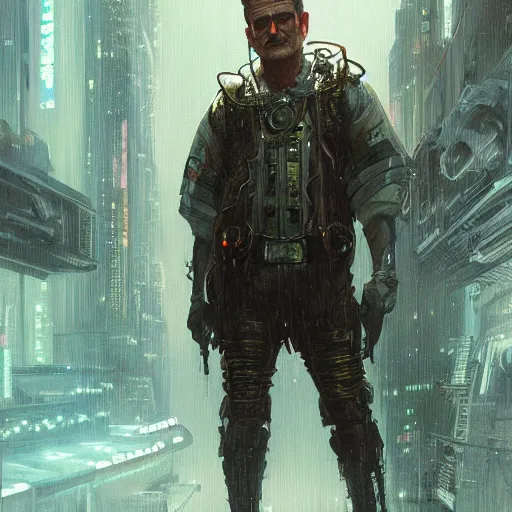 Prompt: robin williams dressed as a bladerunner, sci fi, intricate, viewed from far away, cyberpunk, rainny city streets, highly detailed, digital painting, artstation, concept art, matte, sharp focus, illustration, art by greg rutkowski and alphonse mucha