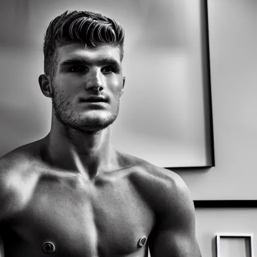 Image similar to a realistic detailed photo of a guy who is an attractive humanoid who is half robot and half humanoid, who is a male android, soccer player timo werner, shiny skin, posing like a statue, blank stare, in a living room, on display, showing off his muscles