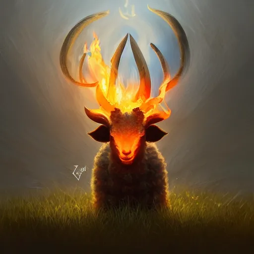 Prompt: ram horned catholic lamb brings fire down from the sky, medieval style, trending on artstation, highly detailed, digital painting, volumetric light, concept art, sharp focus, illustration