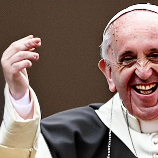 Image similar to pope Francis laughing hysterically as he writes your name In the death note