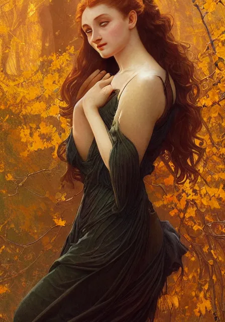 Image similar to sansa stark gold lights autumn sky sun, intricate, elegant, highly detailed, digital painting, artstation, concept art, smooth, sharp focus, illustration, art by artgerm and greg rutkowski and alphonse mucha and william - adolphe bouguereau