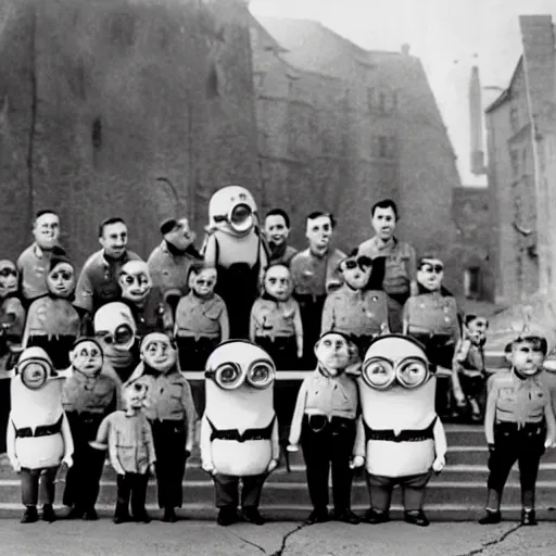 Image similar to despicable me minions standing next to adolf hitler, old photo, 4 k