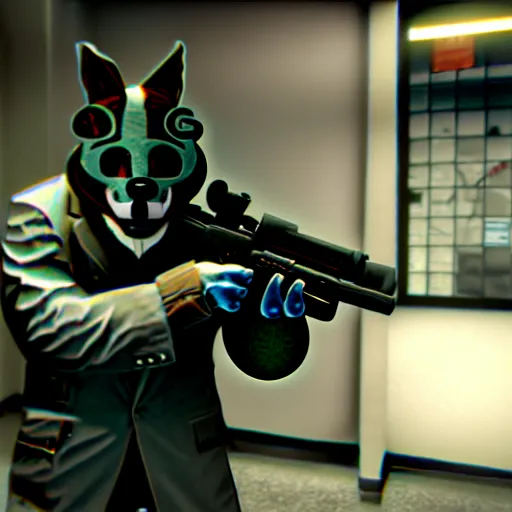 Image similar to screenshot from the pc game payday 2 ( max graphics ) demonstrating the fursuit unlock