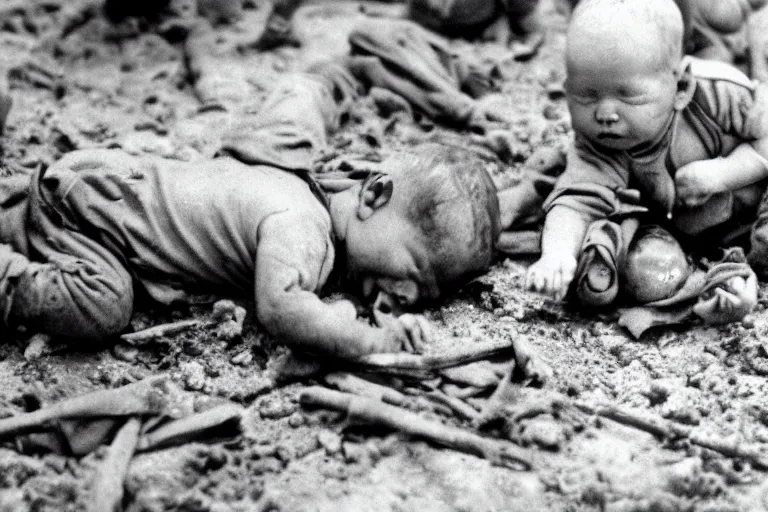 Image similar to newborn baby soldiers crawling, storming normandy, old world war 2 photo, film grain