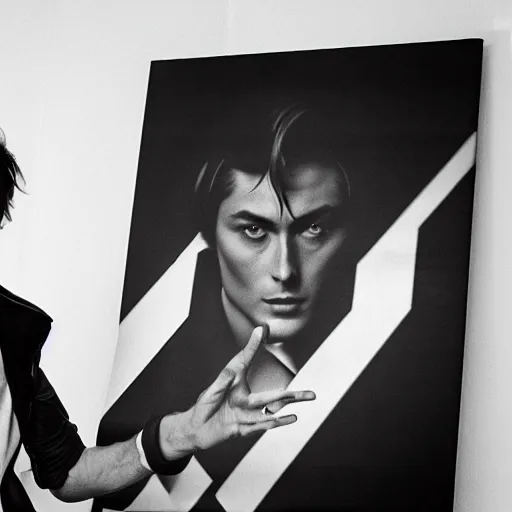 Image similar to stunning symmetrical portrait of alain delon in front of a ( ( ( tall moog!!!!!!!! synthesizer ) ) ), high contrast grainy blank and white photography print ilford warm tone