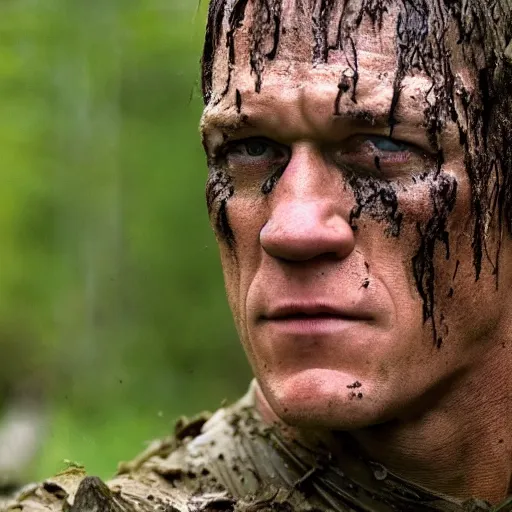 Image similar to film still of john cena as major dutch, covered in mud, hiding from the predator in swamp scene in 1 9 8 7 movie predator, hd, 8 k