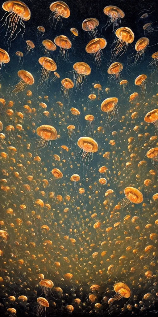 Image similar to baroque oil painting of a thousand little jellyfish flying through the sky!!! different realm, cinematic, dark fantasy, acrylic palette knife, high detail, hyper realism, ray tracing, 4 k resolution, 8 k resolution, full hd, neon, realistic painting by junji ito, laurie lipton and michael whelan