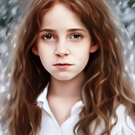 Image similar to Hermione Granger as a young girl in white dress art drawn in art style of WLOP full HD 4K highest quality realistic beautiful gorgeous natural WLOP artist painting