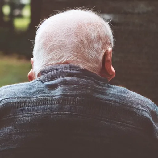 Prompt: a smiling old man seen from behind