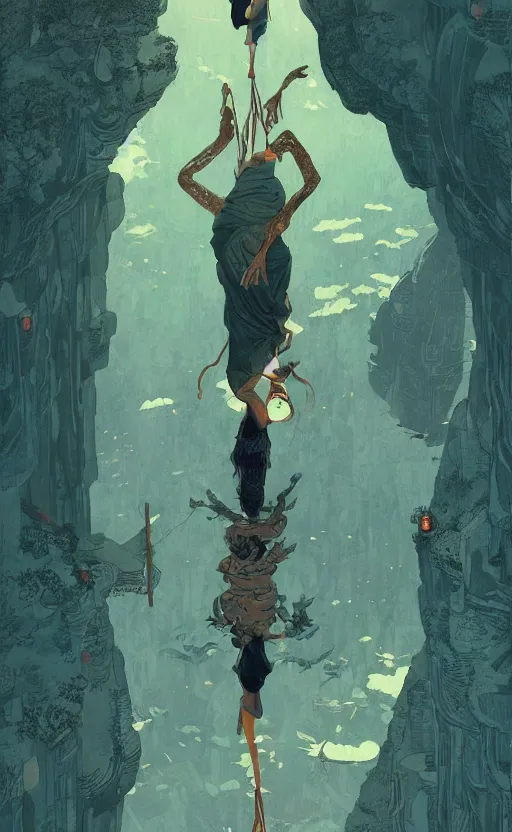 Prompt: the hanged man tarot card, by victo ngai, greg rutkowski, digital art, very detailed, trending on artstation